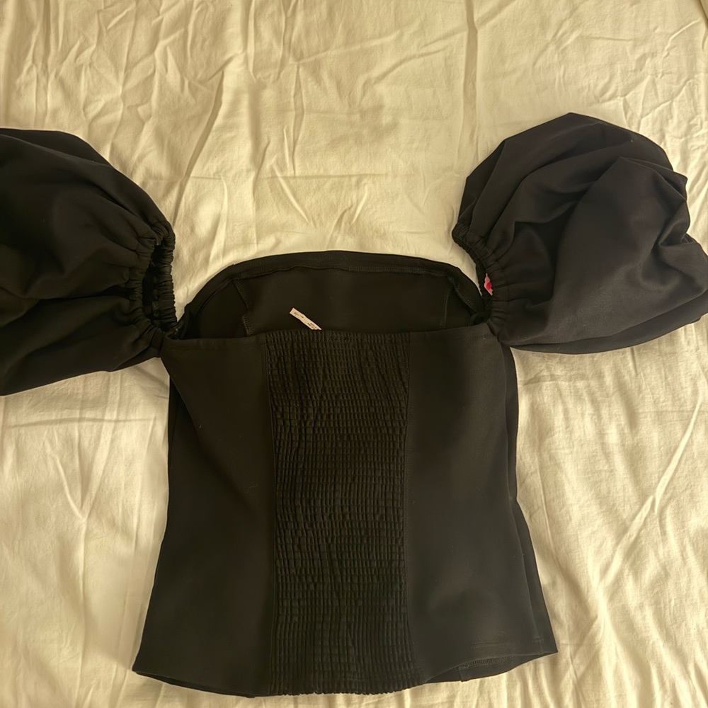 Free People fitted stapless top with off the shoulder puff sleeve, Small, Black
